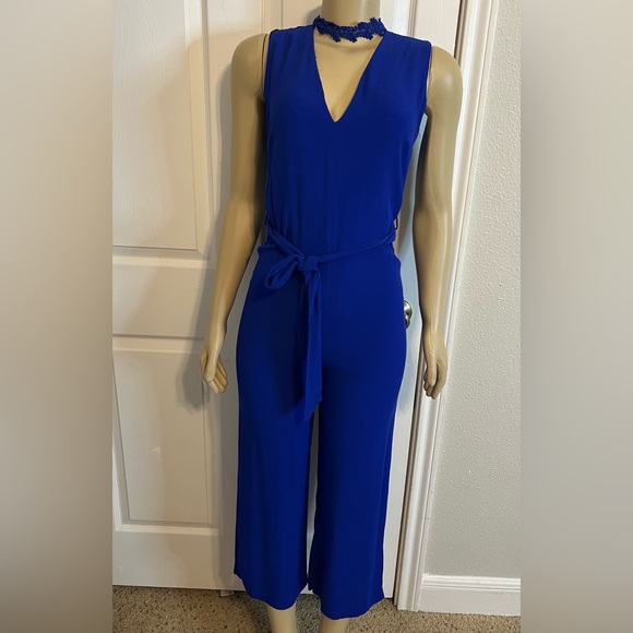 ZARA Blue Jumpsuit Sz XS Belt ankle-length Cropped With Lace Choker Romper - Picture 3 of 7